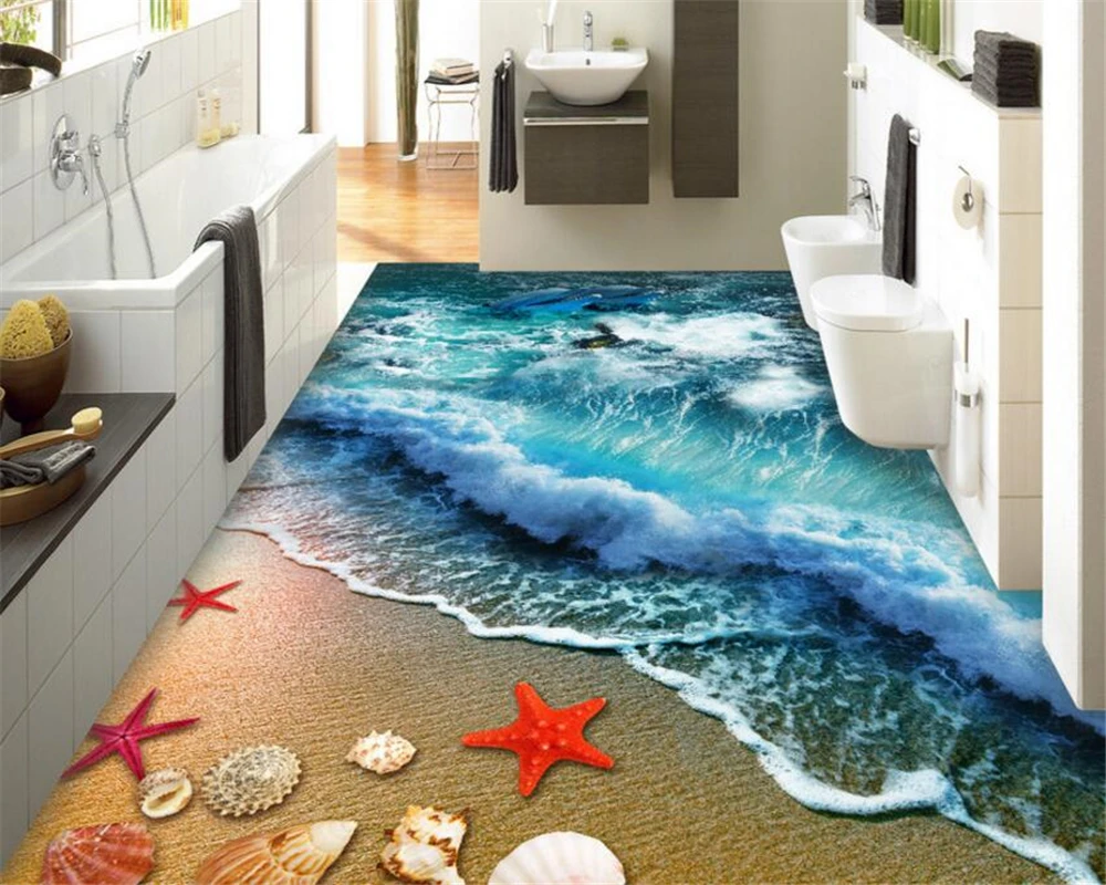 

BEIBEHANG Home bathroom bedroom floor self adhesive wallpaper beach beach waves surfing 3D floor tiles painting 3d flooring