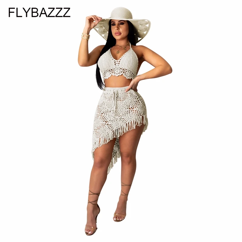 Пляжные скрывающие вязаные однотонные пикантный комплект из двух предметов