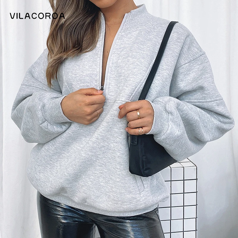 

Zipper Stitching Stand Collar Long Sleeve Oversized Women Clothing Loose Solid Color Sweatshirt 2021 Fall Leisure Hooded Femme