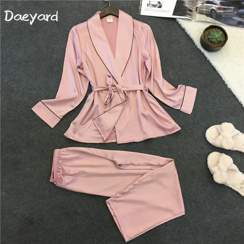 

Daeyard Luxury Silk Satin Pajama Set For Women Long Sleeve Robe And Pants Female Spring Autumn Pj Set Elegant Sleepwear Homewear