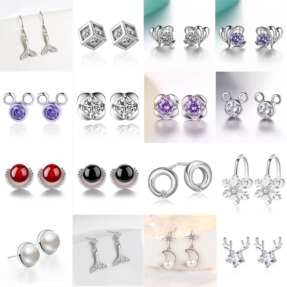 

Fashion Female Earring Mermaid Moose Clover Shell Moon Snow Flake Stud Earring For Women Gift Lady Girl Silver Jewelry