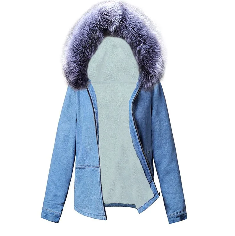 Silver fur Однотонная зимняя джинсовая куртка с меховым воротником и капюшоном для женщин, Повседневная модная женская джинсовая куртка с меховой подкладкой, женская верхняя одежда, джинсовая женская куртка - Цвет: Silver fur
