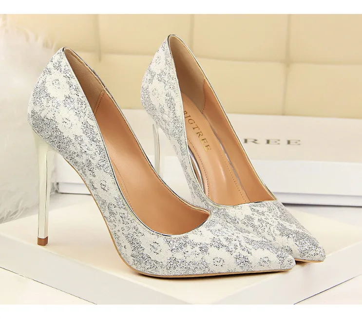 

Europe And America Women Pumps Banquet 10CM High Heels Sexy Nightclub High Heel Shallow Mouth Pointed Lace Wedding Women Shoes