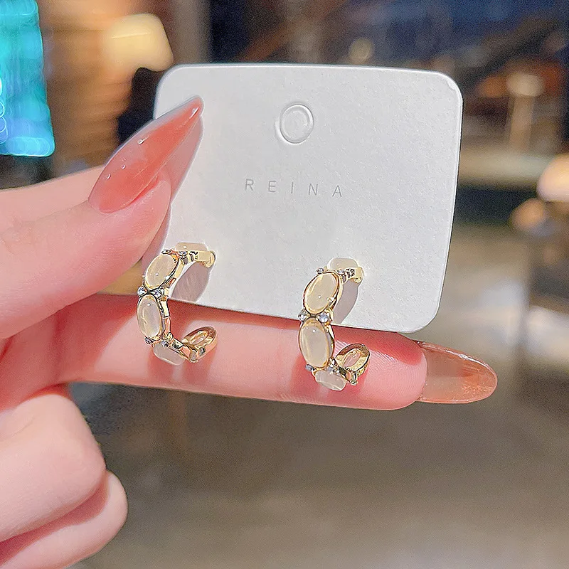 

Vintage Opal Circle Hoop Stud Earrings for Women Fashion 925 Silver Needle Metal Zircon Geometric Earrings Jewelry Gift New