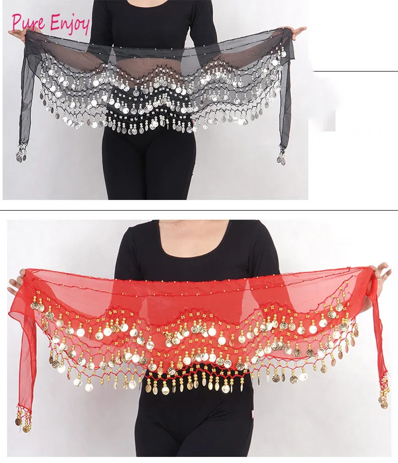 Belly Dance Waist Цепочка хип-шарф шифон трехслойная волна золотая монета талия Индия начинающий танец цепочка талии
