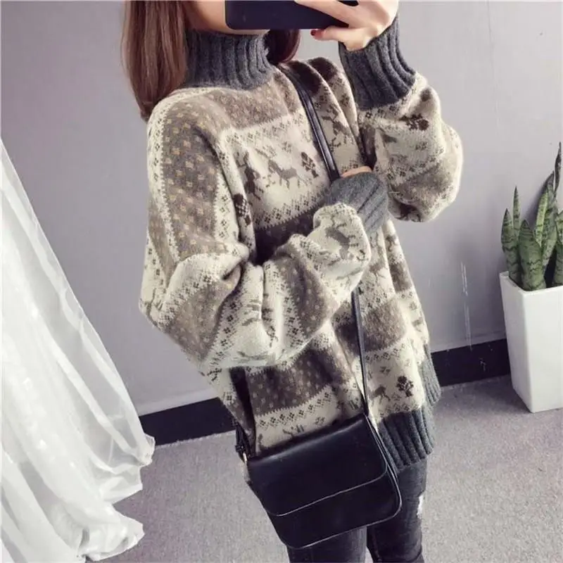 Female Christmas Deer Loose Sweater Pullovers 2019 Winter Striped Long Sleeve Thick Warm Jacquard | Женская одежда