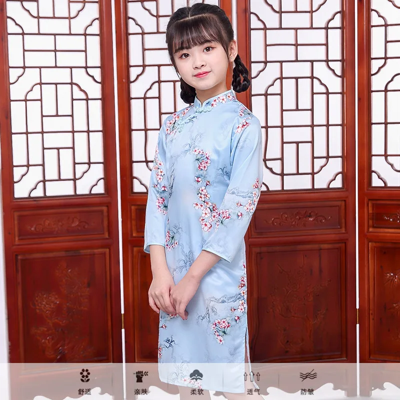 

2021 New Year Girls Chinese Floral Qipao Cheongsam Dress 4-14 Years