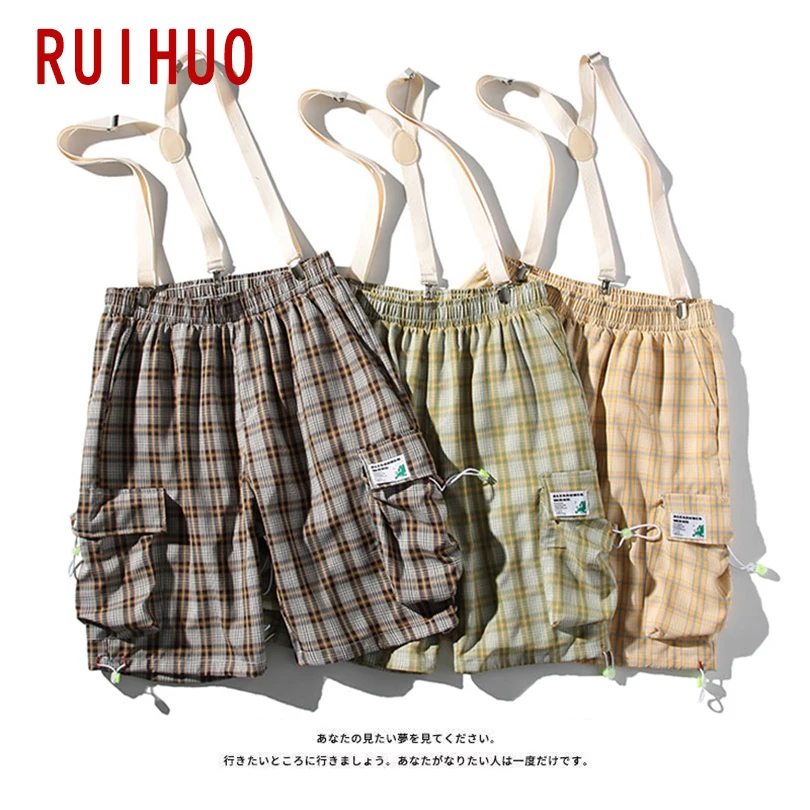 

RUIHUO Plaid Casual Harajuku Overalls Shorts Men New Japanese Short Men Clothing M-5XL 2021 New Arrivals