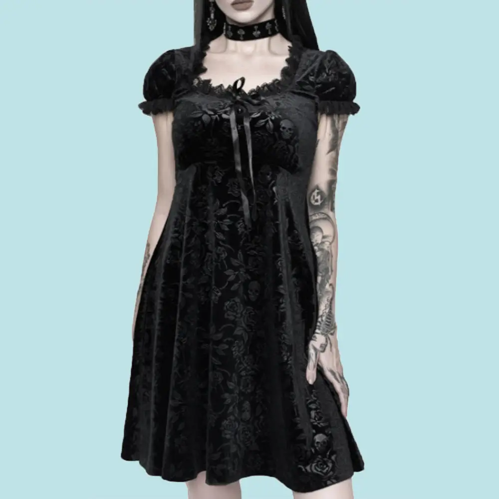 

Gothic Fashion 2021 Summer Solid Color High Waist Lace Square Collar Puff Sleeve Women's Dress Casual High Street Simple Hipster