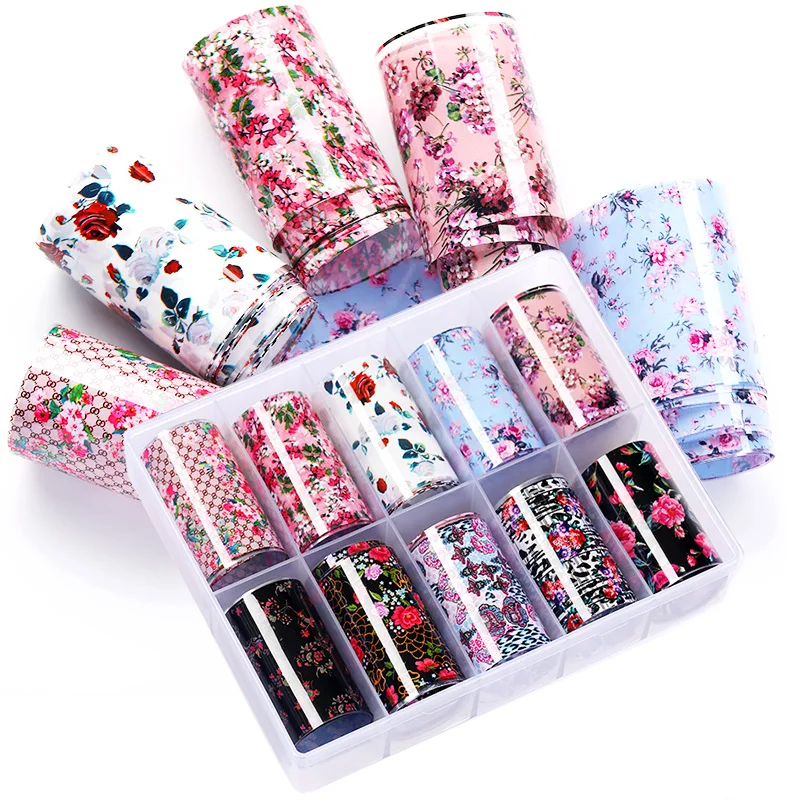 

10pcs Foil Nail Art Rose Flower Stickers For Nails Transfer Adhesive Wraps Paper Manicures Decoration Nail Art Decals