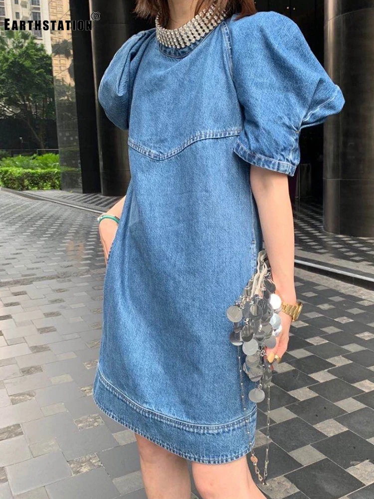 Женское летнее джинсовое платье с буффами на рукавах круглым вырезом|Женские