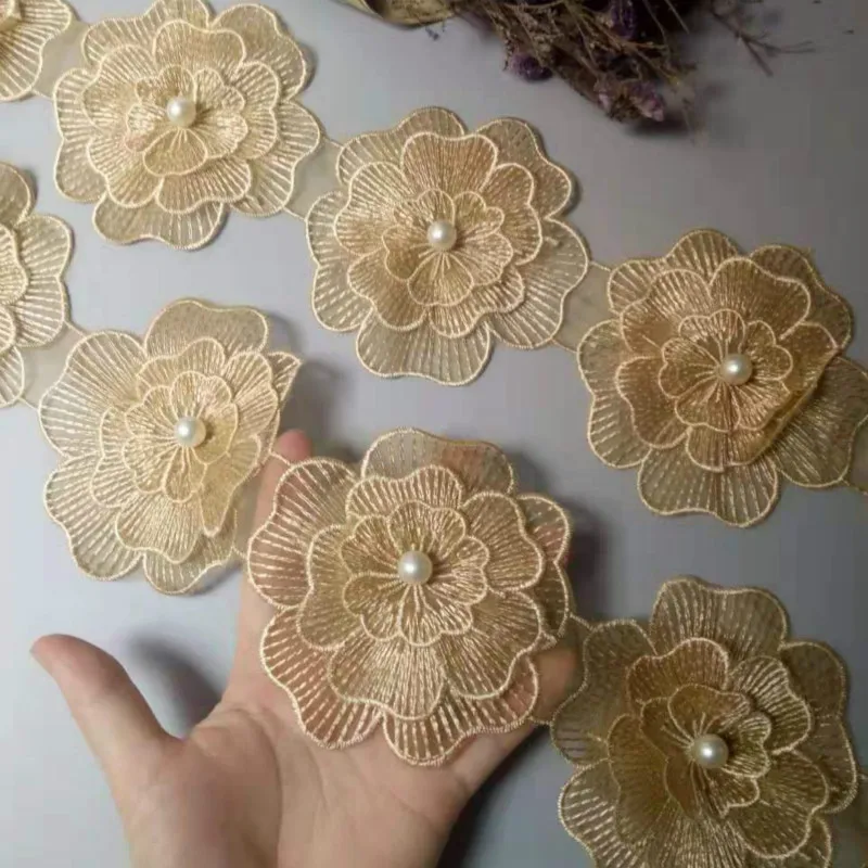 2 ярда золото 10 см жемчуг цветок растворимый Свадебная кружевная отделка Вязание