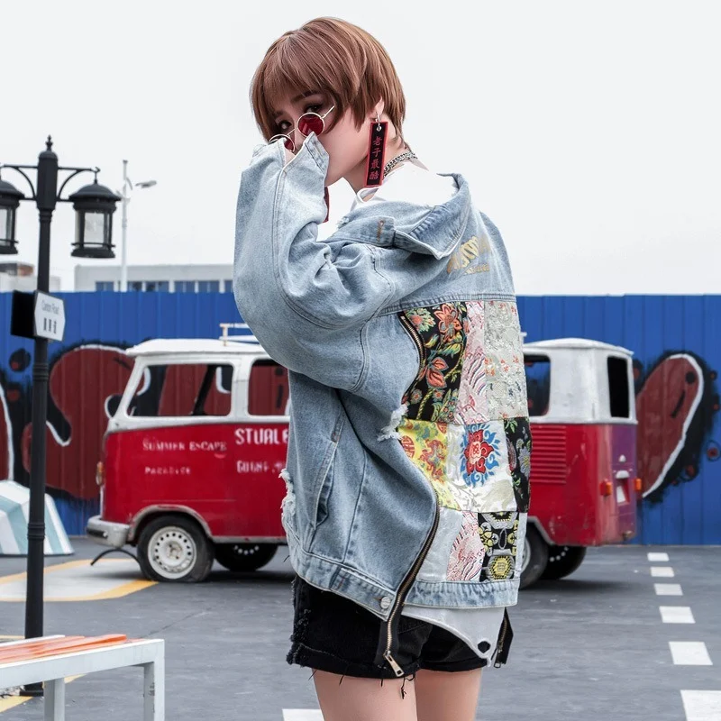 

New Chic Women Denim Jackets Oversize Blue Embroidery Splice Loose Japanese Female Clothes Zipper Coat Streetwear Roupa Feminina