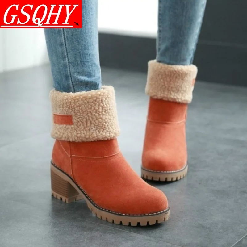 

Новинка 2021, зимняя женская обувь, зимние ботинки на толстом каблуке из хлопка, двухсторонние Нескользящие теплые ботинки с высоким берцем, ж...