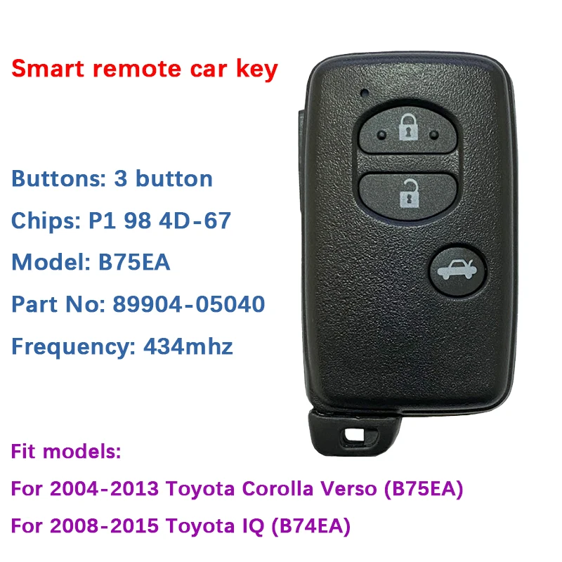 

CN007168 Aftermarket 3 Button Smart Key For Toyota Avensis 2009+ With FCC B75EA P1 98 4D-67 Chip 433MHz 89904-05040 Keyless Go