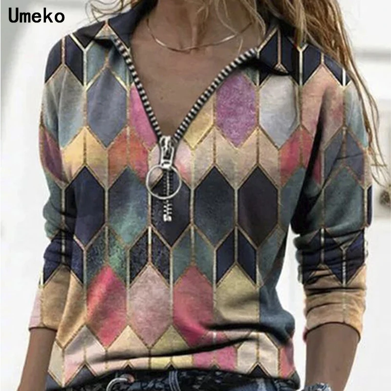 

2021 Vintage Rhombus Print Button Shirt Blouse Autumn Zipper Turn-Down Collar Office Lady Shirts Tops Casual Women Loose Blusas