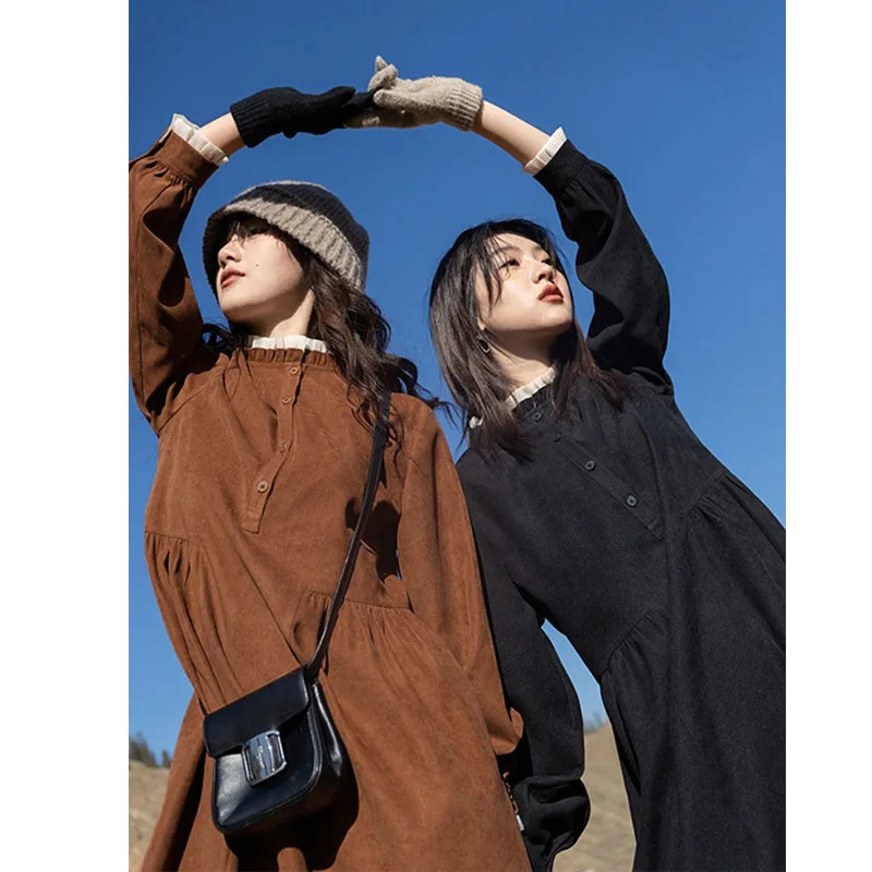 

Women 2021 Chic Fashion Solid Color Retro Midi Dress Autumn Winter Lantern Sleeve Button-up Female Loose Dresses Vestidos