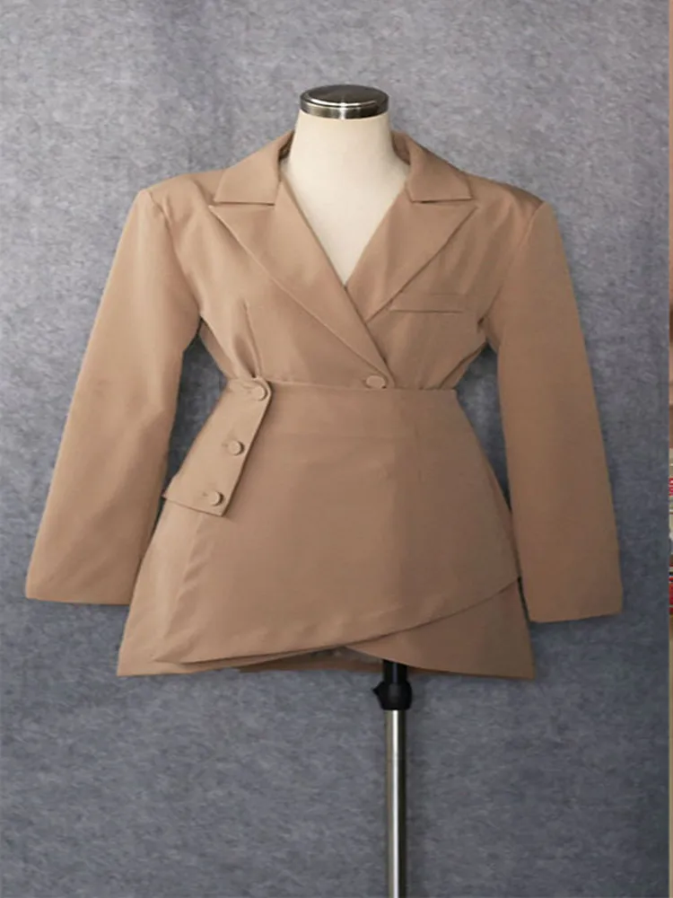 

2021 European and American new ladies asymmetrical hem waist slimming suit skirt jacket