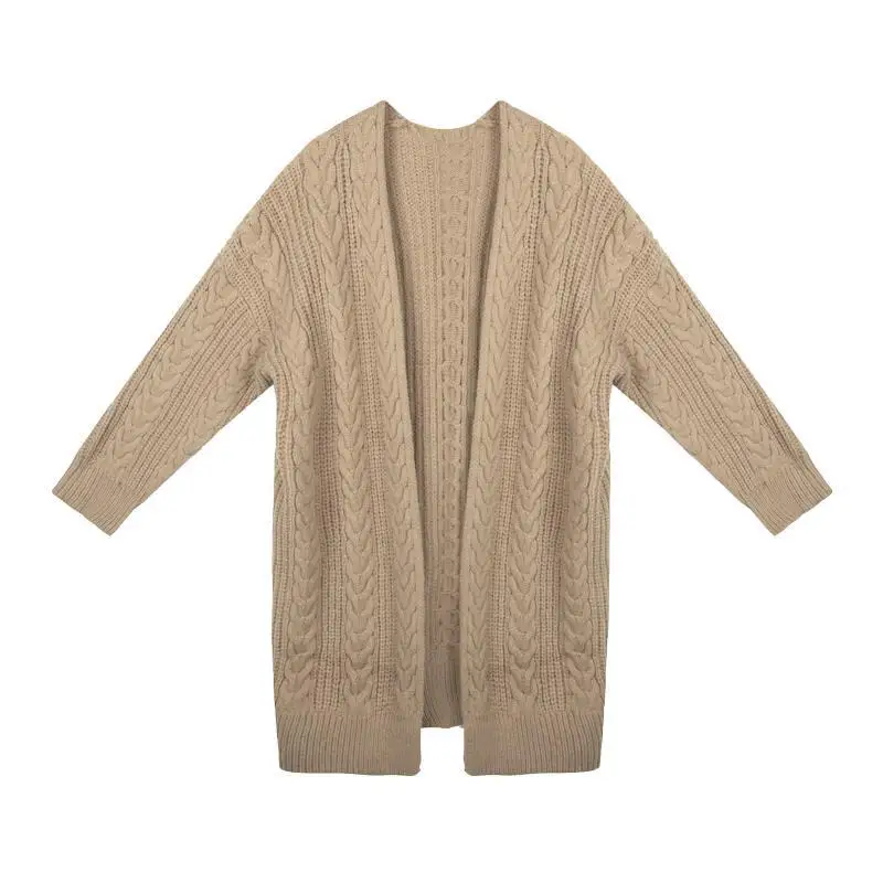 

Hong Kong style retro autumn winter 2021 new coarse twist cardigan loose medium long woolen knitted jacket women