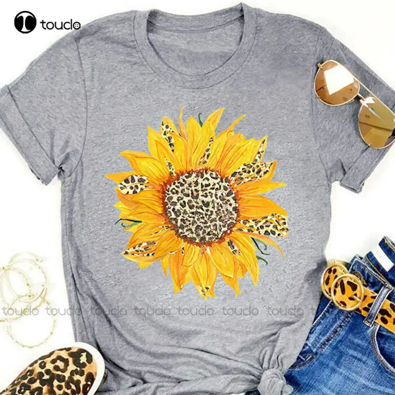 

Women Leopard Sunflower Print Top Casual Tee Soft Blouse Funny Letters T-Shirt Unisex Women Men Tee Shirt