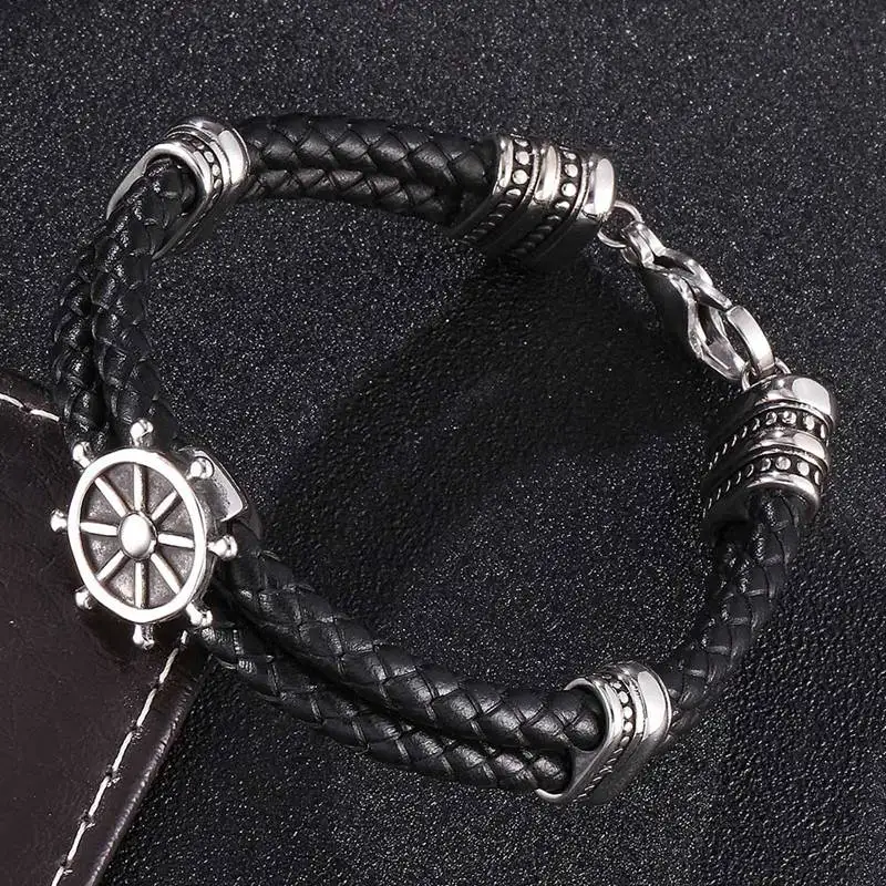 

Rudder Steel Men Bracelet Black Leather Woven Lobster Clasp Leather Bracelet Rope Bangles Fashion Male Gift BB0176