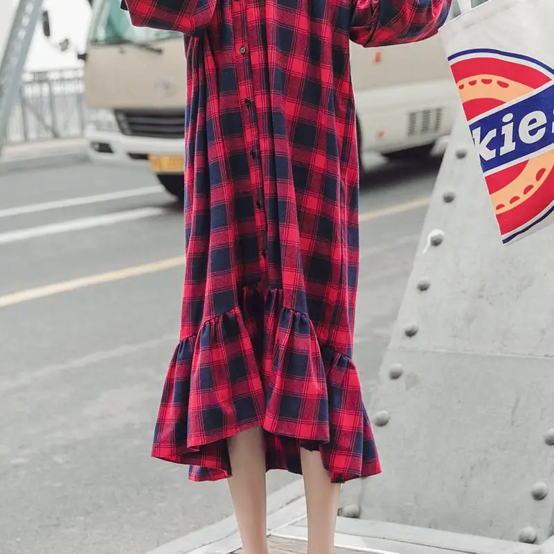 Женский свитер в клетку GETSPRING длинный с круглым вырезом и рукавами-фонариками