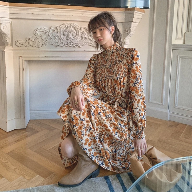 

2021 Spring And Autumn New Vintage Floral Dress Women O-Neck Long Sleeve High-Waist Long Dress Korean Style Top