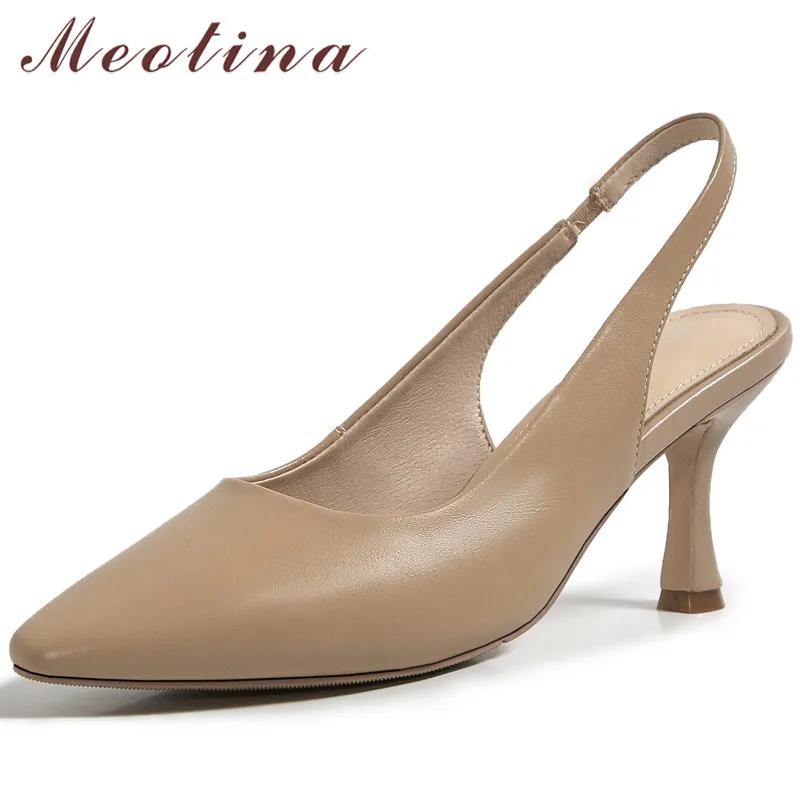 

Meotina Natural Genuine Leather Pumps Women Slingbacks Shoes Fashion Pointed Toe High Heels Stiletto Heel Ladies Footwear White