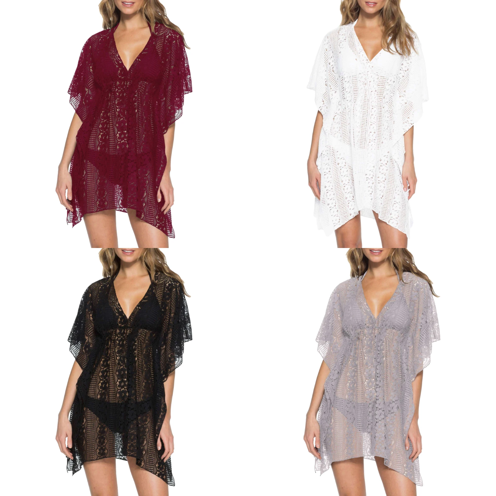 

Sexy Women Beach Blouse Deep V-Neck Short Sleeve Lace Hem Loose Style Tops Unique Style Wine Red/ White/ Grey/ Black S-XL