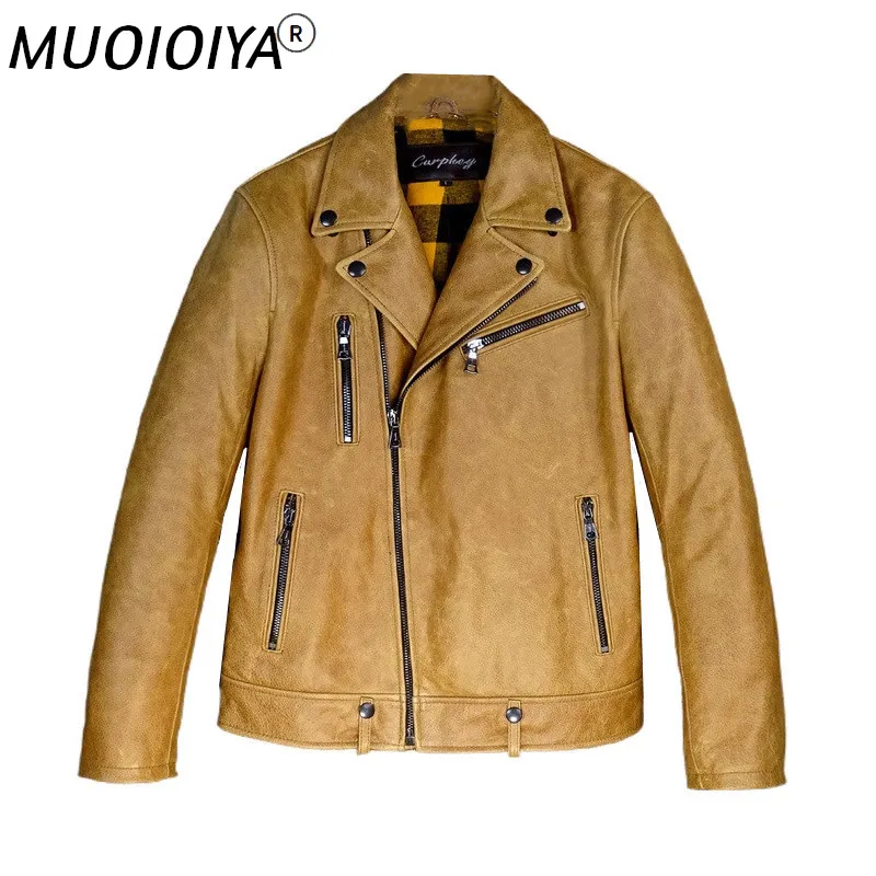 

Мужская облегающая мотоциклетная кожаная куртка Batik с верхним слоем и лацканами из воловьей кожи