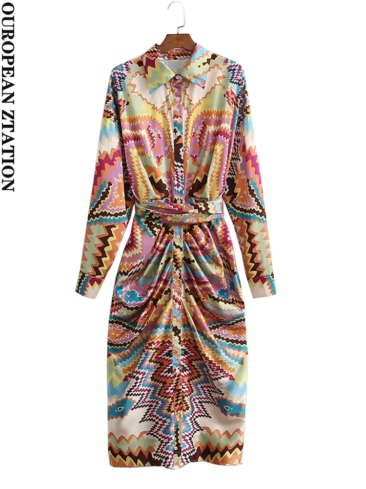 

Женское Плиссированное Платье-рубашка миди za, винтажное платье на пуговицах с длинным рукавом и принтом в виде узла, 2021