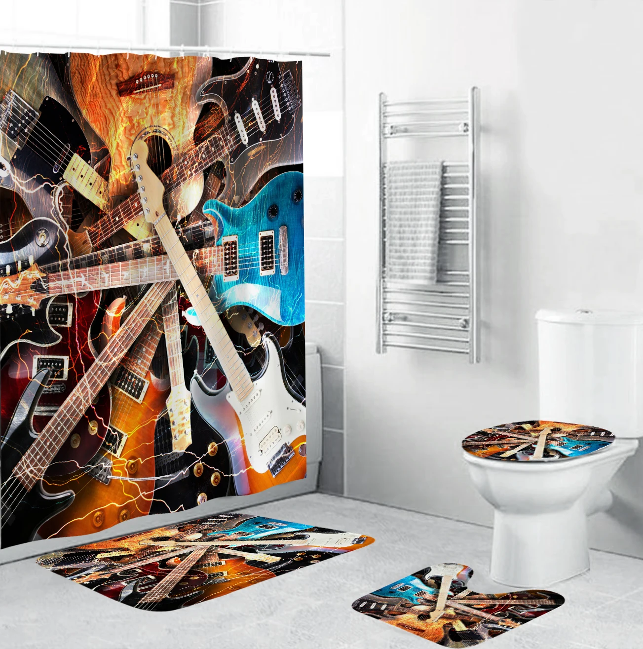 

Rich Colors Rock Guitar Bathroom Curtain Set Waterproof Polyester Shower Curtains Anti-skid Rugs Toilet Lid Cover Bath Mat Sets