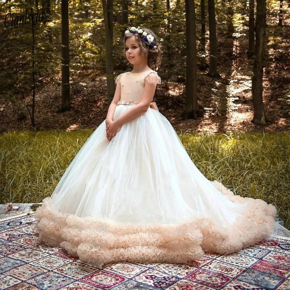 

Gorgeous Cap Sleeve Tulle Pleat Ball Gown Flower Girl Dresses O-Neck Beading Back With Bow Princess Birthday Party Dress