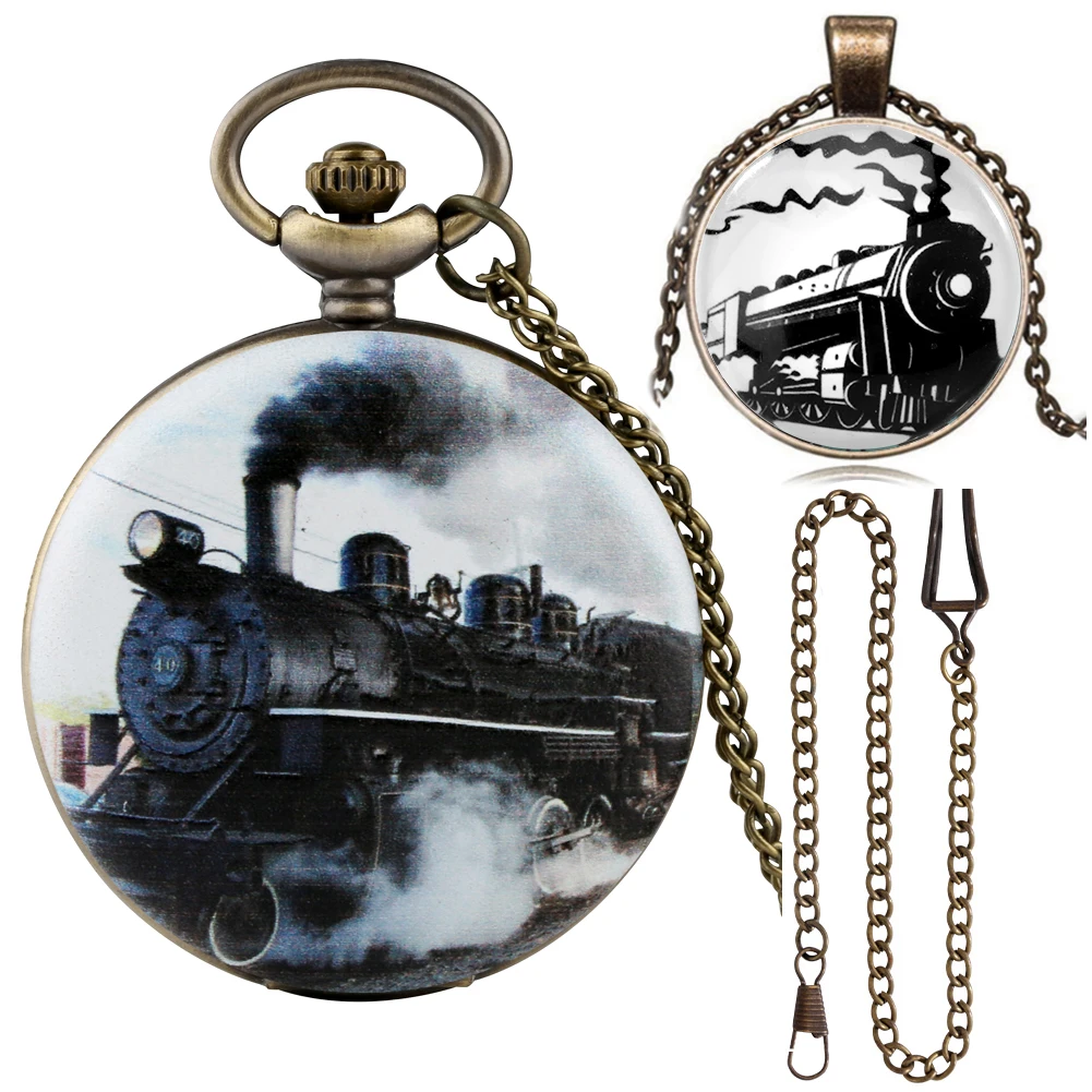 Fashion Train Design Case Quartz Pocket Watch with Gift Box Exquisite Pendant Necklace Chain Gift Sets for Family