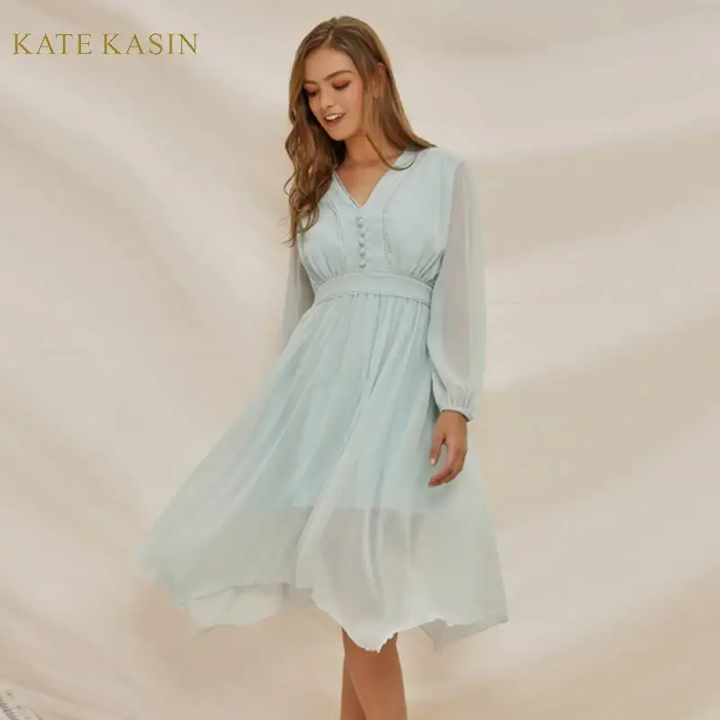 Kate Kasin модные женские туфли V образным вырезом Фонари голубого цвета с длинным