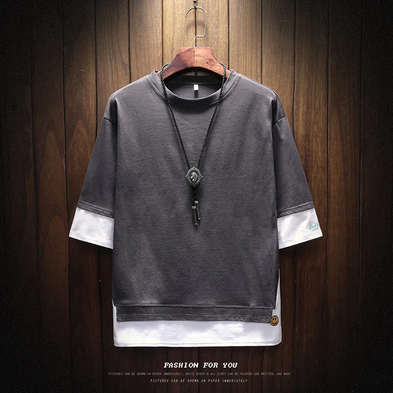 

2021 Summer Style Men T Shirt Hip Hop O Neck Half Sleeve Casual Fake 2 Piece Streetwear Top Tees Mens Muslim Islamic Clothing