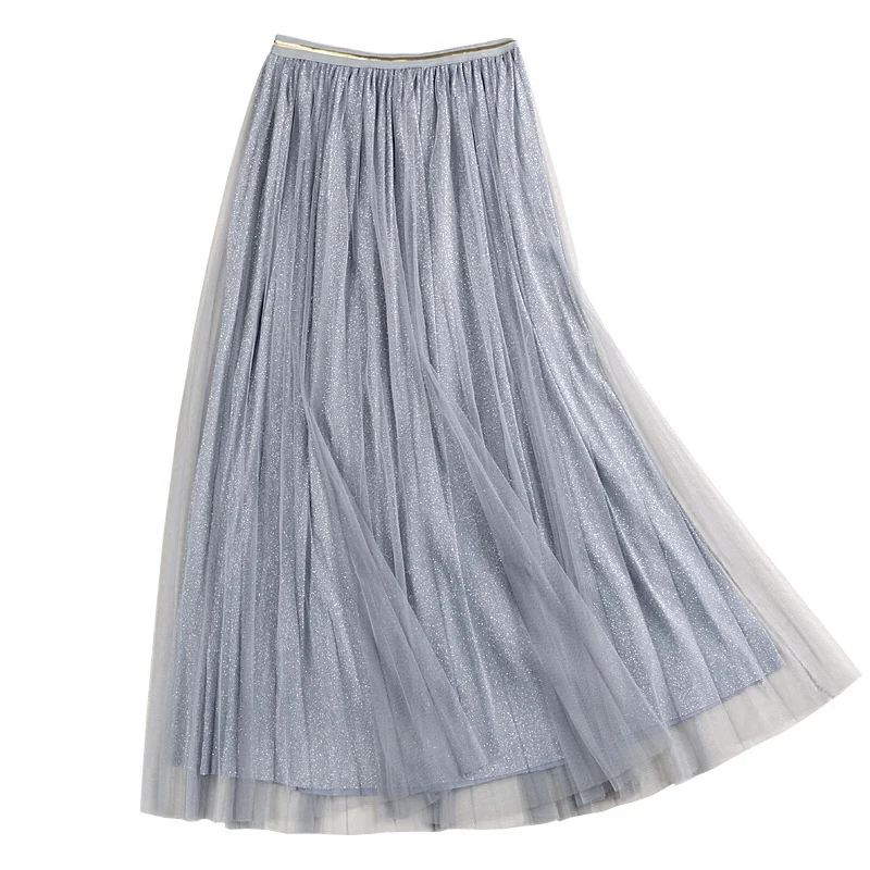 

K3 spring summer new all-around thin mesh high waist elastic bright silk skirt medium length skirt pleated skirt