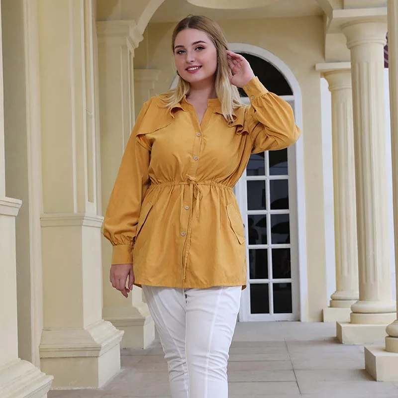 WHZHM блузка с длинными рукавами поясом пуговицами и круглым вырезом элегантная
