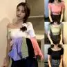

Women T-shirts Off Shoulder Knitting Crop Tops Women Short Sleeve Stretchy Ruffles Hem T-shirts Stripes Tops For Women