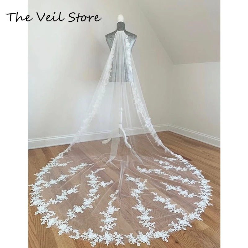 

Real Photos 3 Metres Ivory Appliques Bridal Veil with Comb White Long Tulle Full Lace Edge One Layer Wedding Veils for Brides