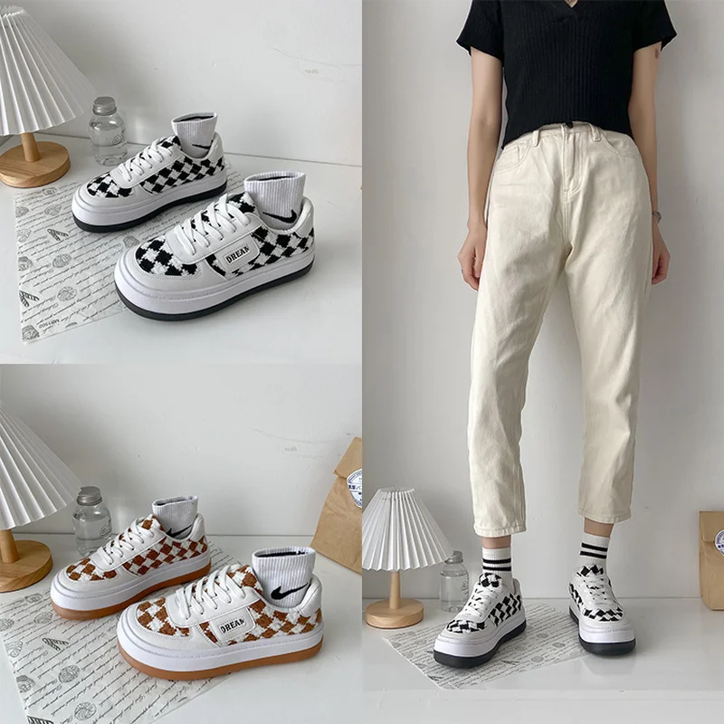 Кеды женские холщовые на платформе повседневные кроссовки в клетку кавайная