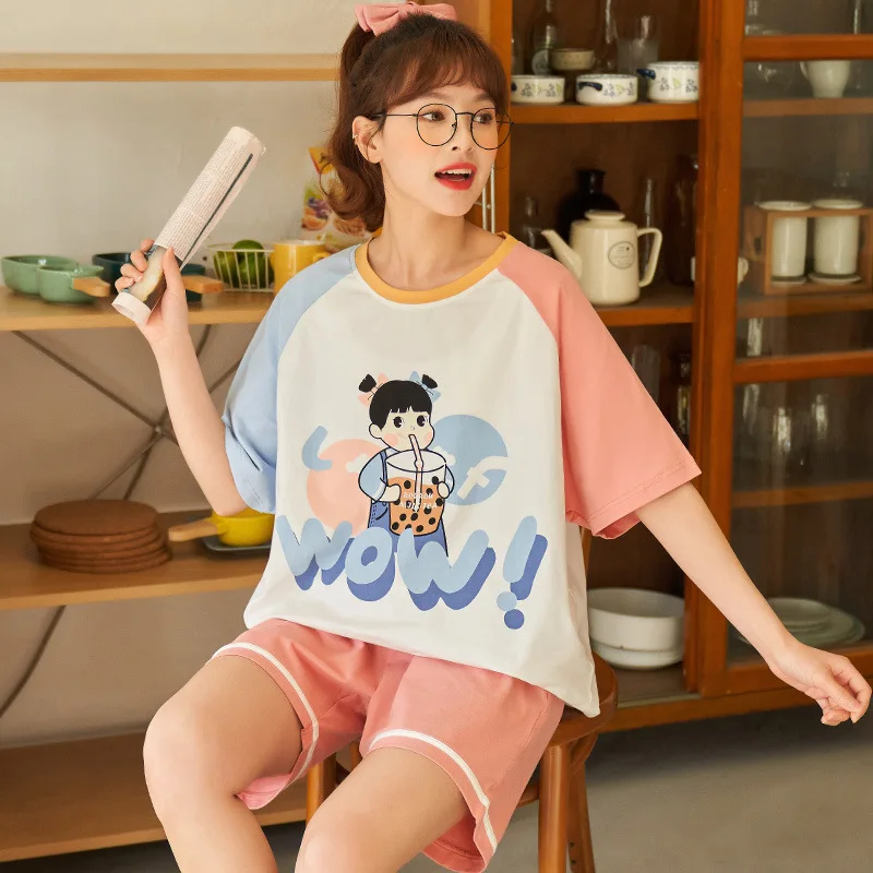 

Новинка, Женская домашняя одежда, летний корейский желтый женский пижамный комплект с коротким рукавом, хлопковая одежда для отдыха, Милая ...