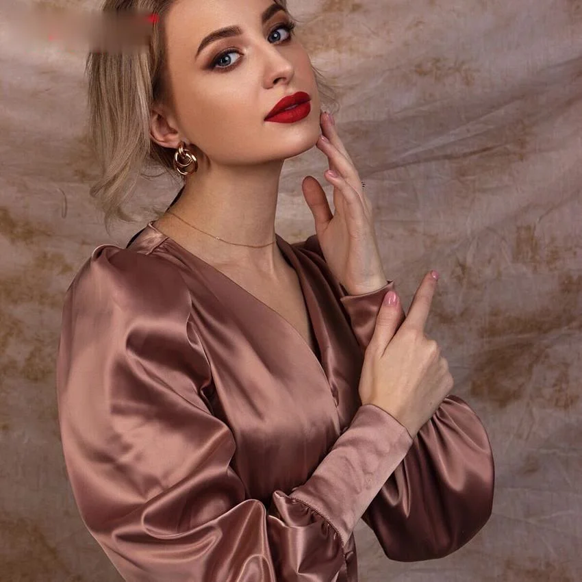 

Beige Single Breasted Sexy Dress Party Club High Waist Satin Long Elegant V Neck Women Midi Dresses Lantern Sleeve Black Red