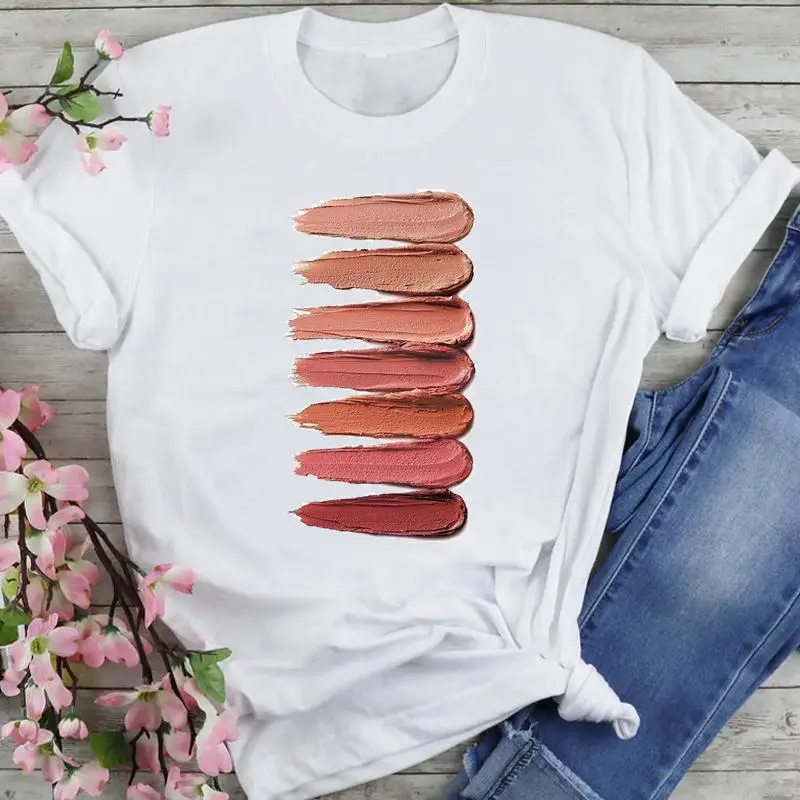 

Women Graphic Make Up Ladies Style Clothing Cartoon Fashion Summer Female Clothes Print Short Sleeve Tops Tees Tshirt T-shirt