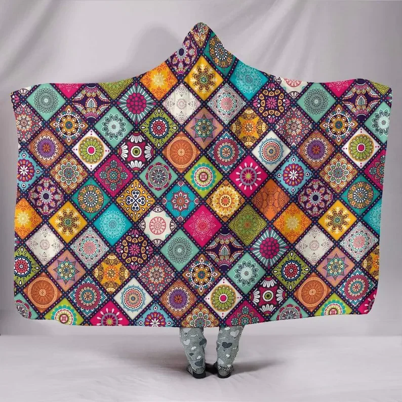 

Hooded Blanket, Mandala Quilt, Yoga Meditation, Hindu Indian, Hippie Festival, Gypsie Lotus, Chakra Trippy, Colorful Throw