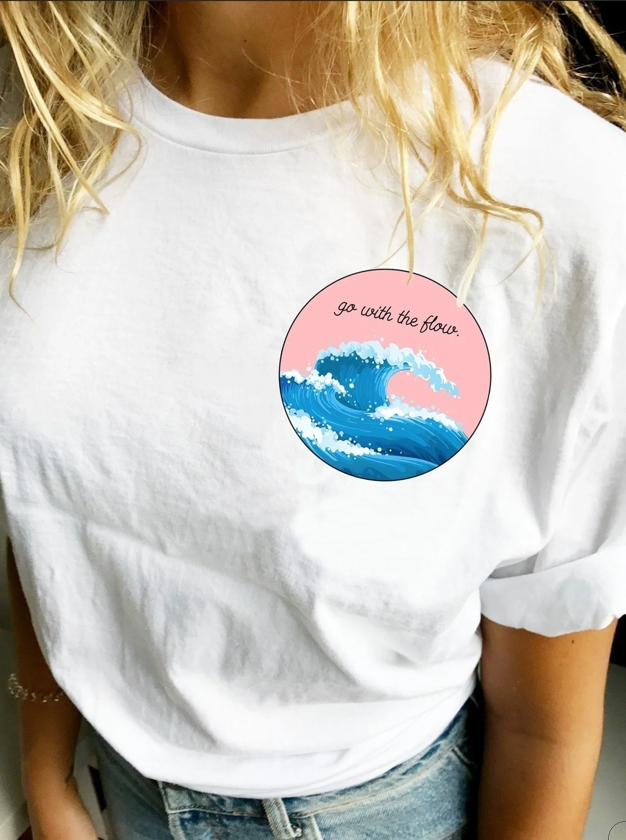 

Starqueen-JBH Go With The Flow Letter Print Tshirt Summer Fashion Unisex Tshirt White T-Shirt Summer Style Unisex Tumblr Fashion