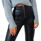 2020 Модные женские повседневные брюки из искусственной кожи с высокой талией Осень-зима брюки-карандаш с крокодиловым узором черные брюки на молнии