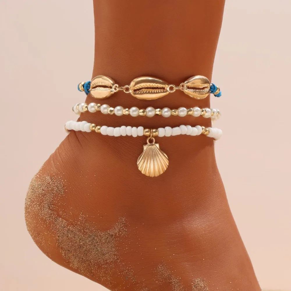 

Simple fashion bohemian beach anklet for women with personality blue rice bead shell anklet 3-piece set