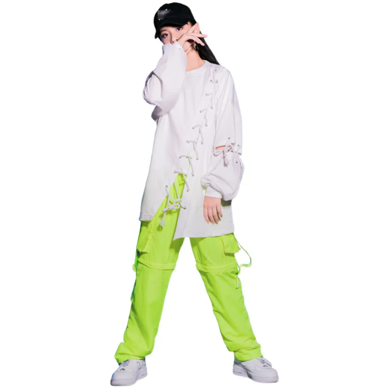 

Kids Hip Hop Costume Fluorescence Color Street Dance Clothes Loose Hip Hop Jazz Dance Suit Lace-Up Tops Green Pants Rave VDB3025