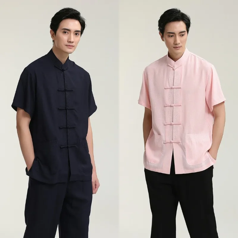 

Рубашка мужская с воротником-стойкой, однотонная хлопково-Льняная блузка в китайском традиционном стиле, топ кунг-фу, лето 2020